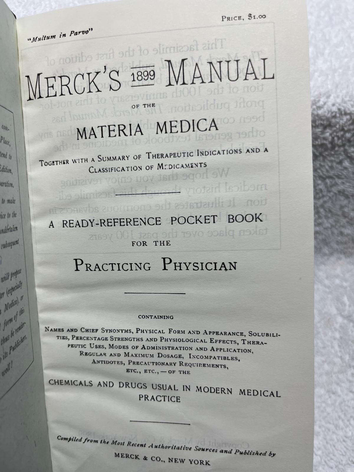 MERCKS 1899 MANUAL 1999 Facsimile Medical Drug Remedy Materia Medica Medicine