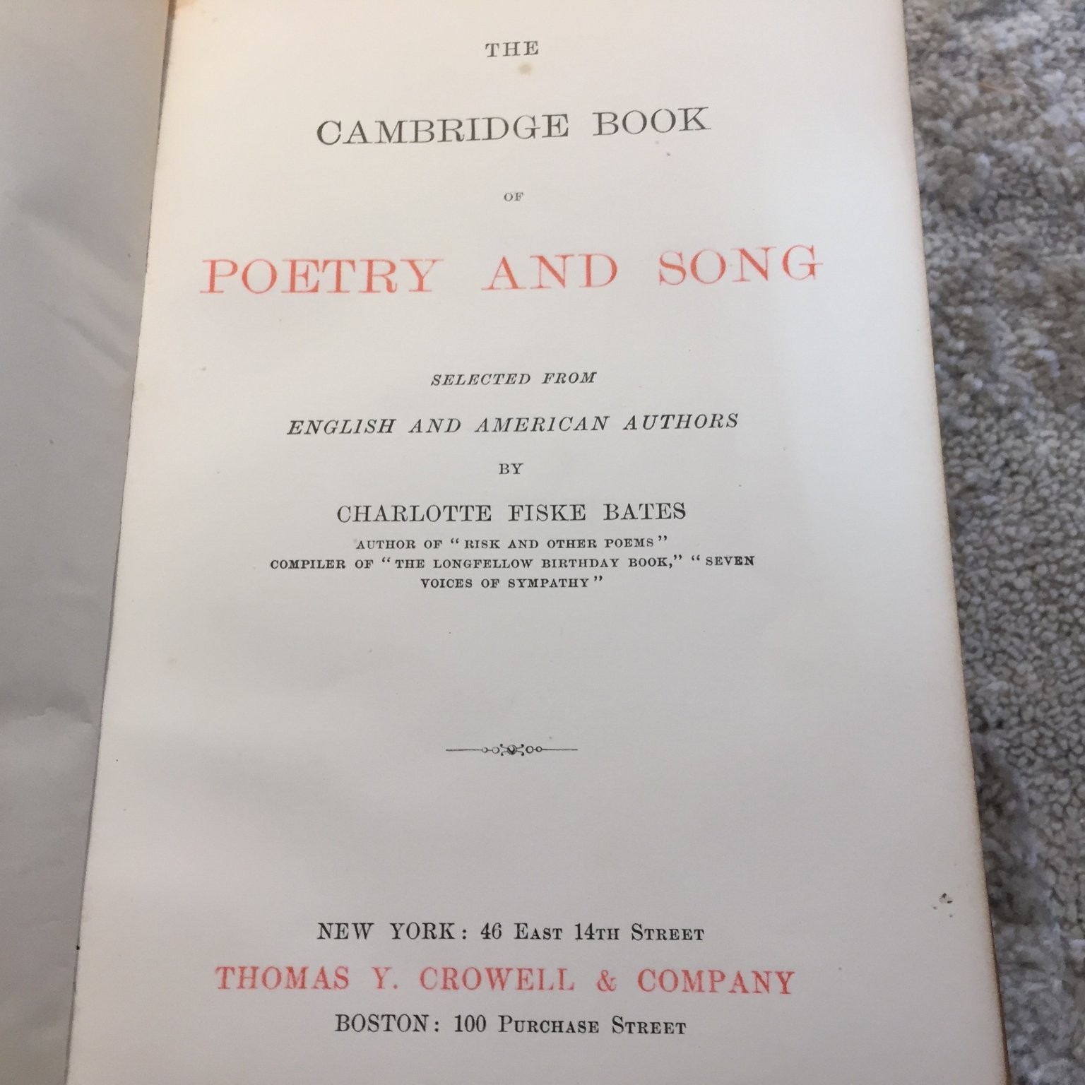 The Cambridge Book of Poetry and Song Bates 1887 Illustrated Poetry Book