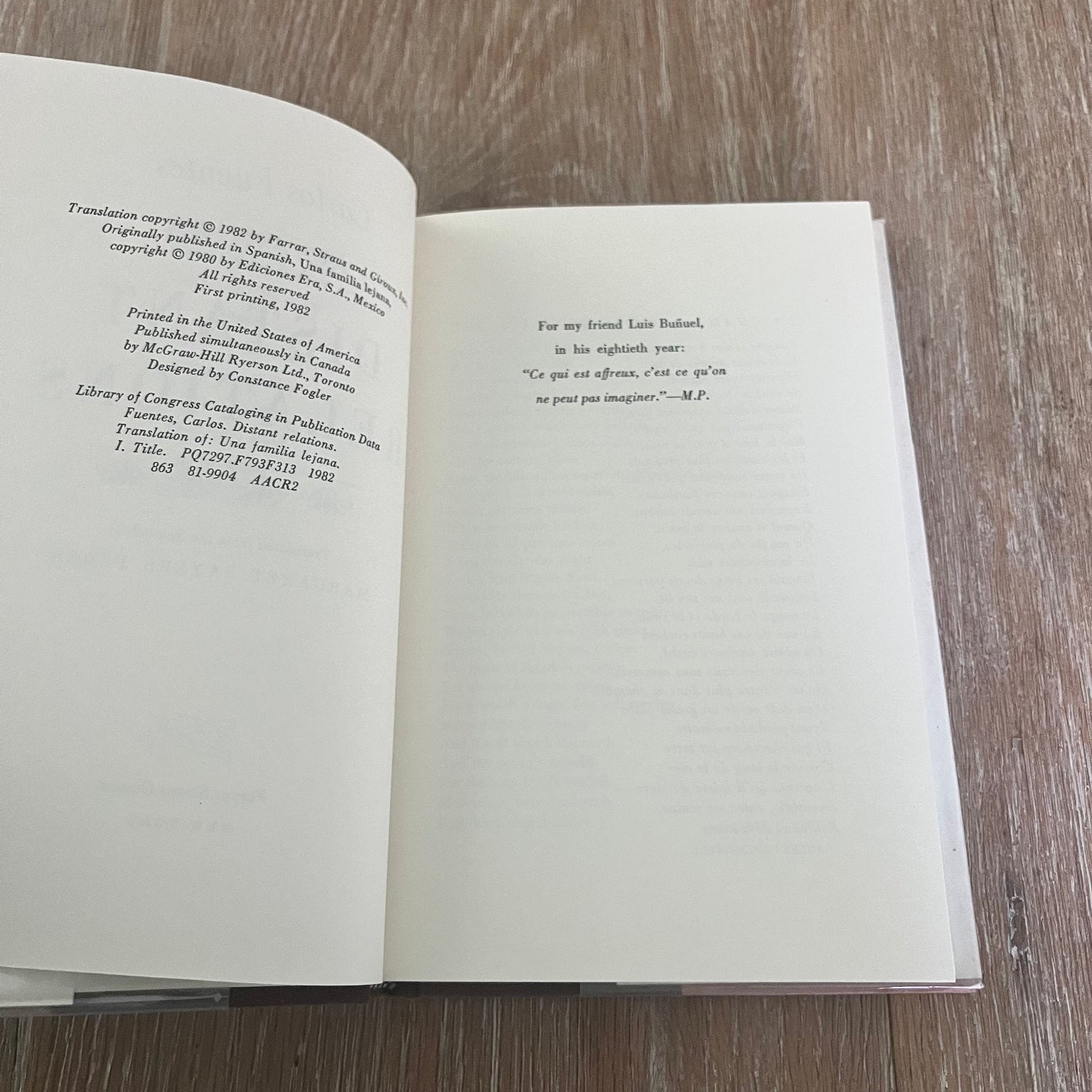 Distant Relations Carlos Fuentes 1982 First Printing Farrar Straus Giroux Novel
