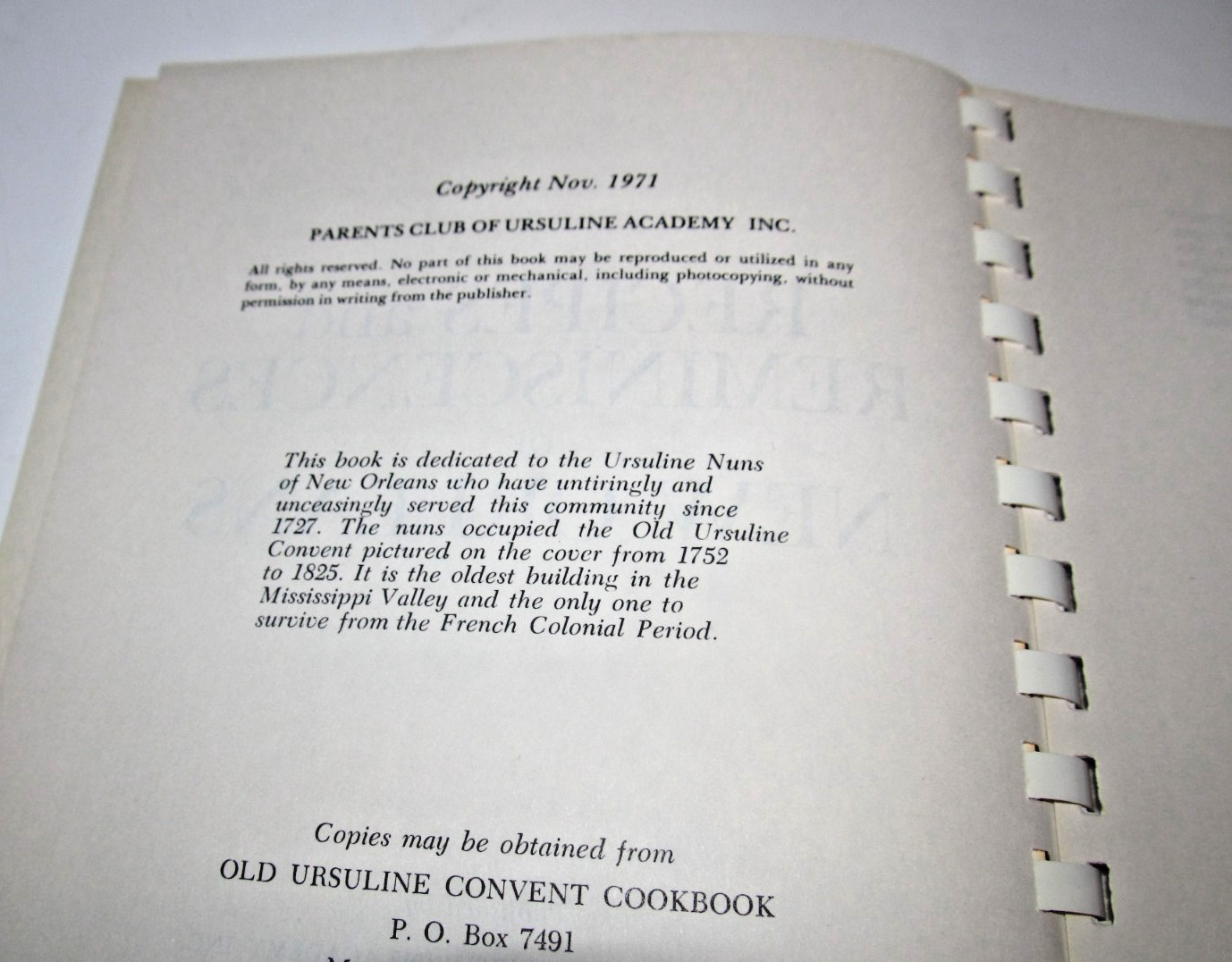 „Recipes and Reminiscences of New Orleans“ cookbook, Ursuline Academy, 1971 (B3)