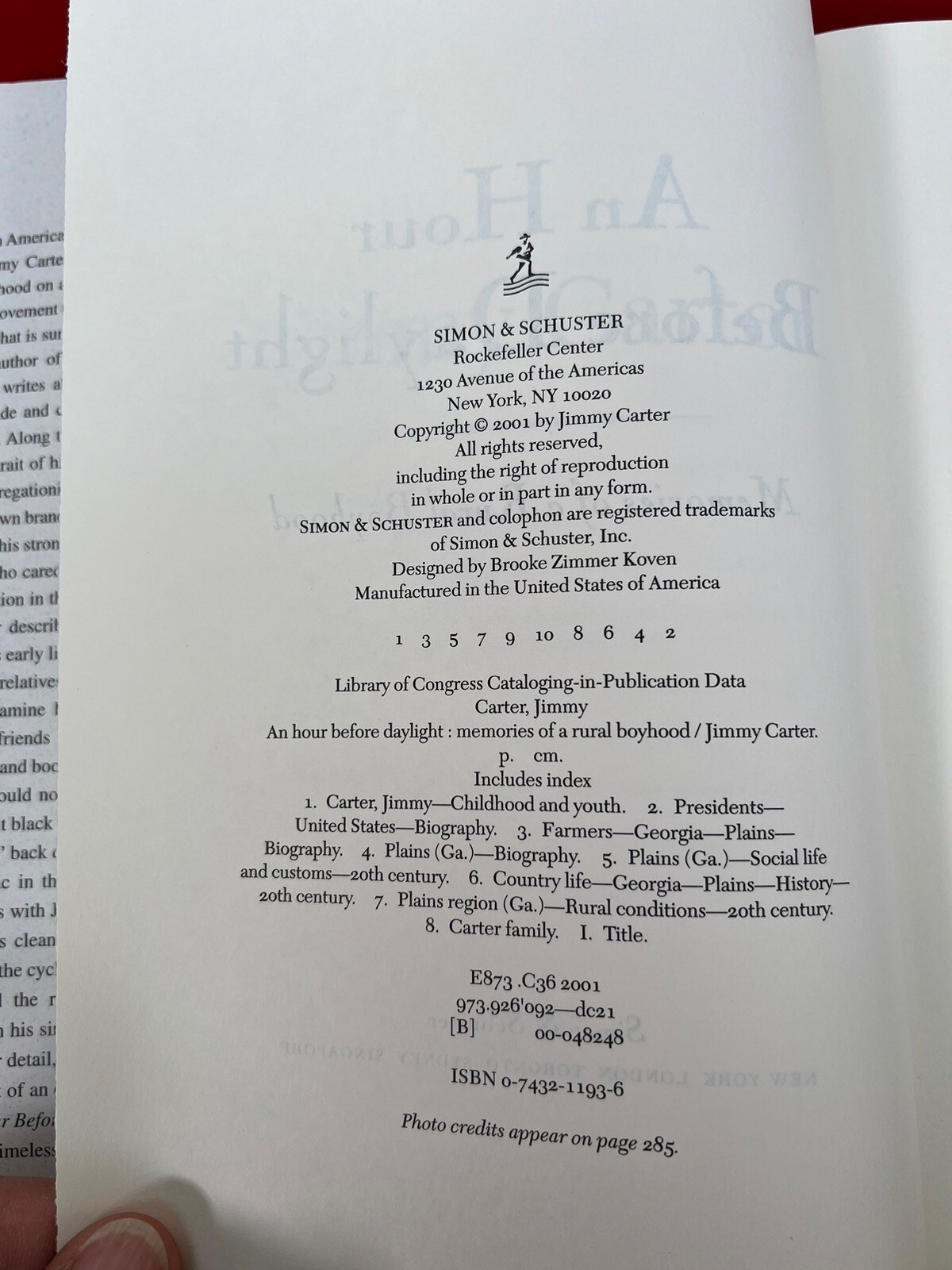 Jimmy Carter SIGNED ‚An Hour Before Daylight: Memories of a Rural Boyhood‘ 2001