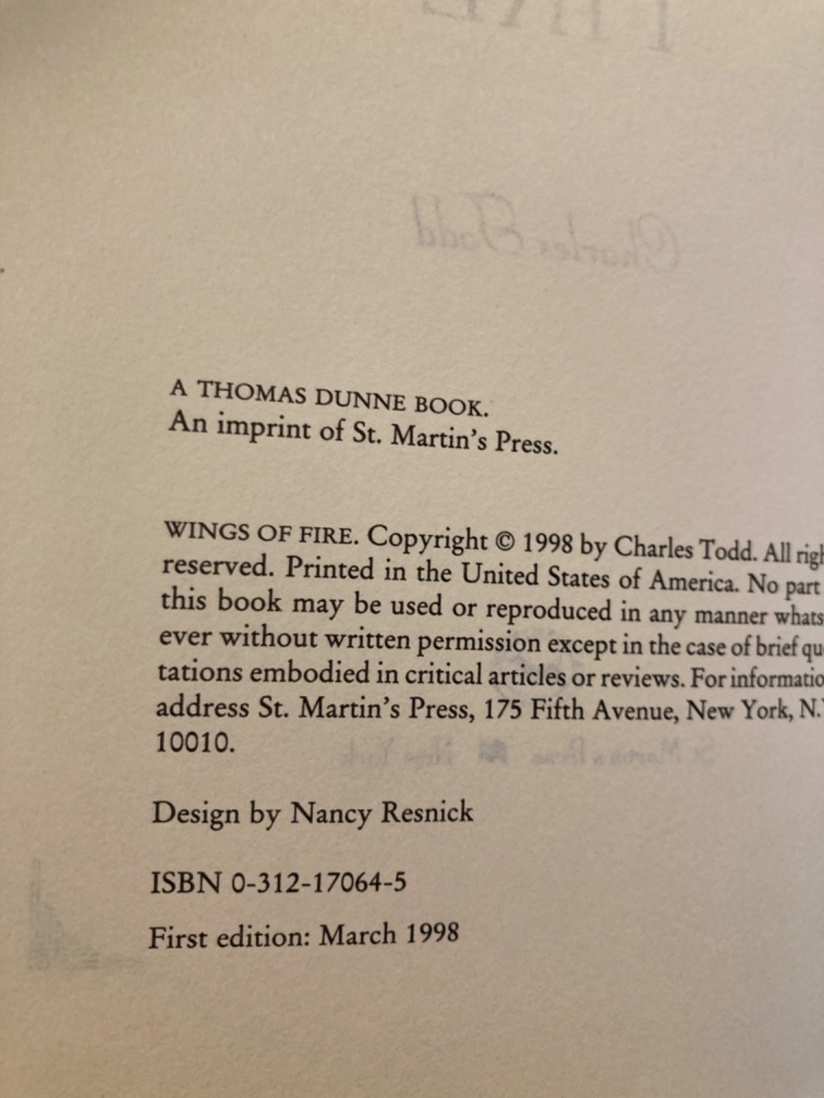 Wings of Fire by Charles Todd (1998, Hardcover, Very Good, 1st Edition)