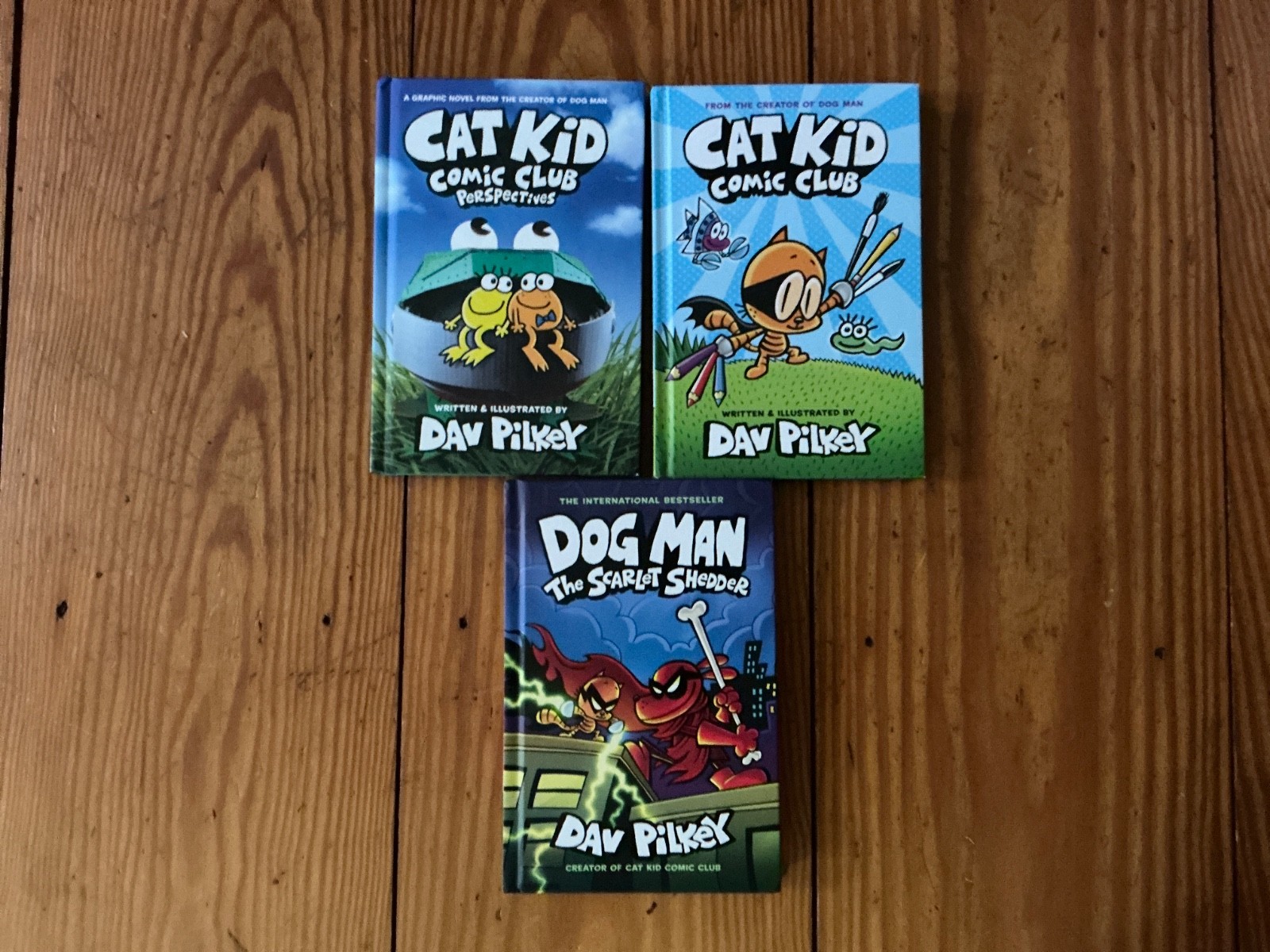 LOT OF 3 Books Dog Man: The Scarlet Shedder, Cat Kid Comic Club Dav Pilkey