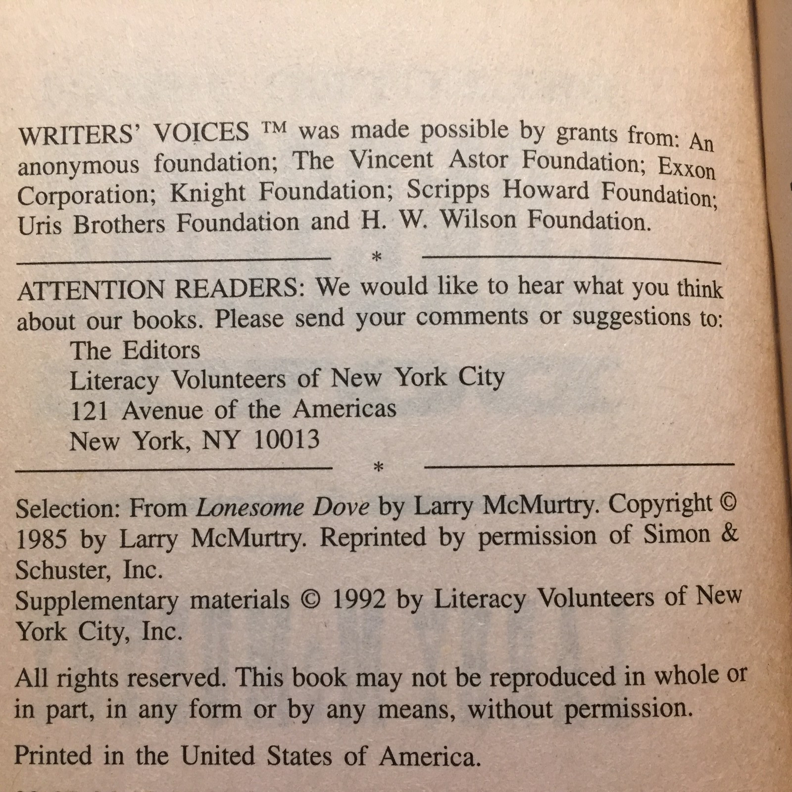 Selected From Lonesome Dove Larry McMurtry 1992 Literacy Volunteers Of New York