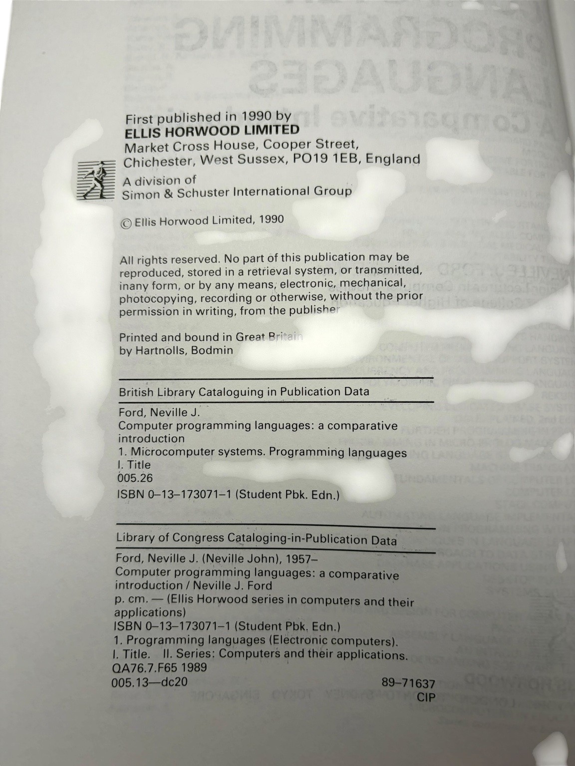Computer Programming Languages Ford 1990 Comparative Intro Ellis Horwood