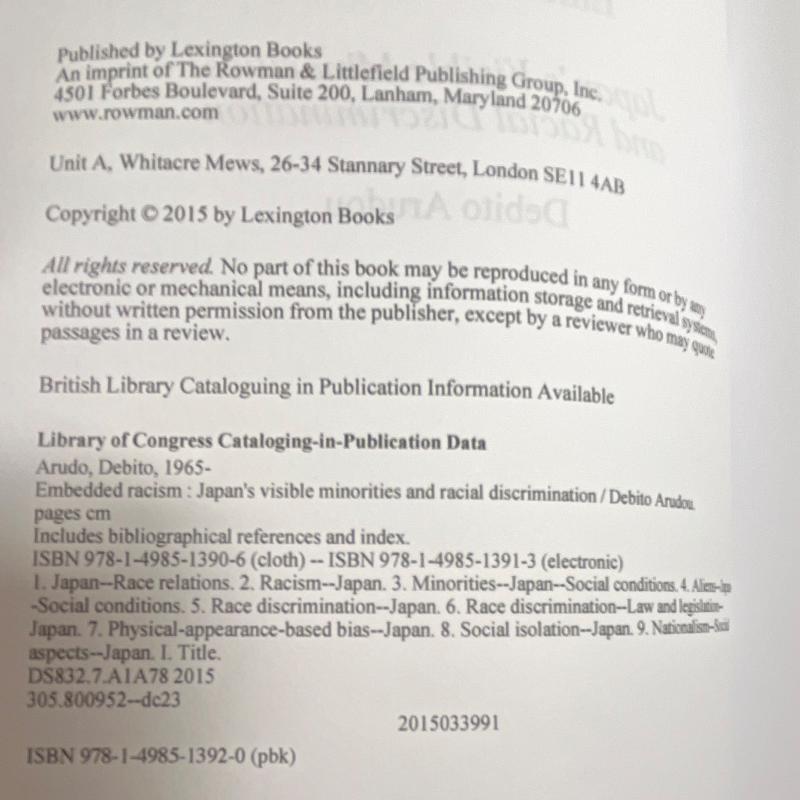 Embedded Racism Debito Arudou Japan’s Visible Minorities 1st Edition Book