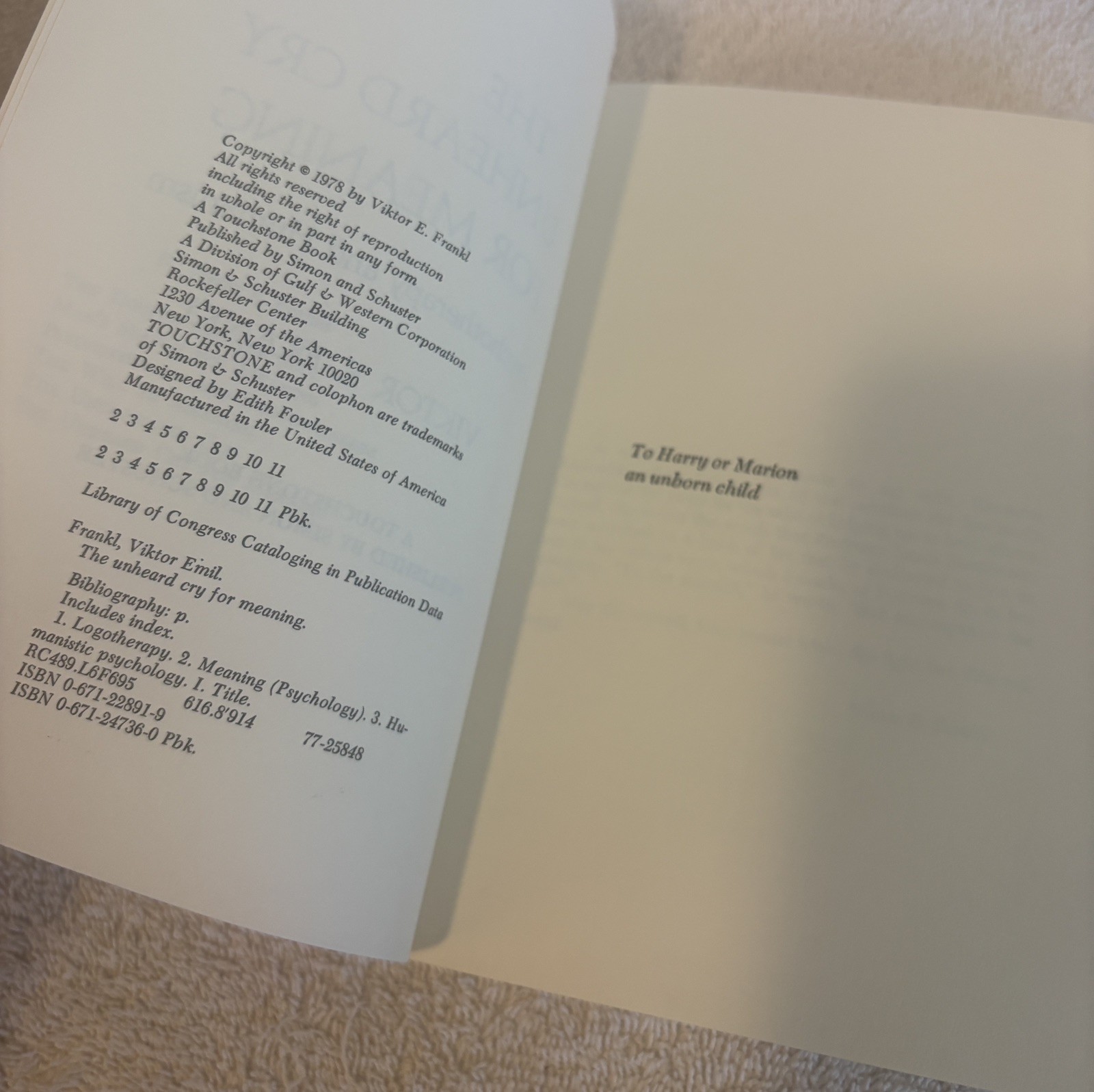 THE UNHEARD CRY FOR MEANING: Psychotherapy & Humanism Viktor E. Frankl PB 1978
