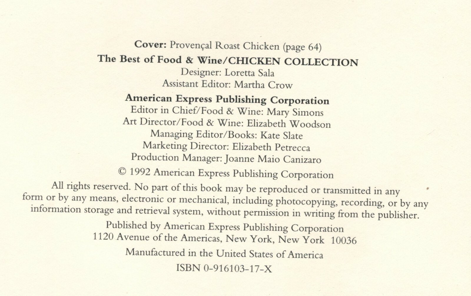 Chicken Collection by The Best of  Food & Wine Cookbook – 1992 – 276 pages