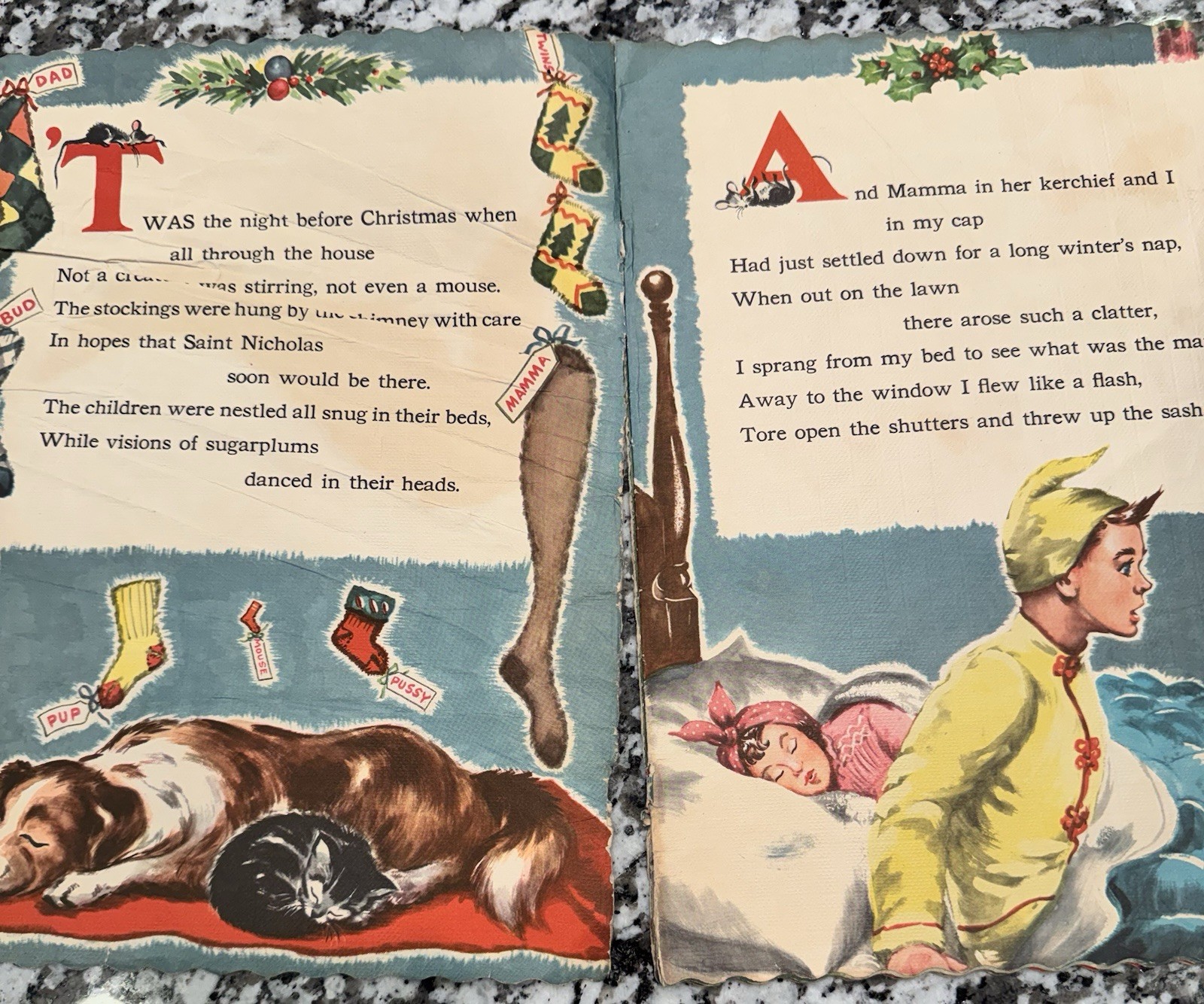 Vintage 1950’s The Night Before Christmas Flocked Cloth Book Florence Winship