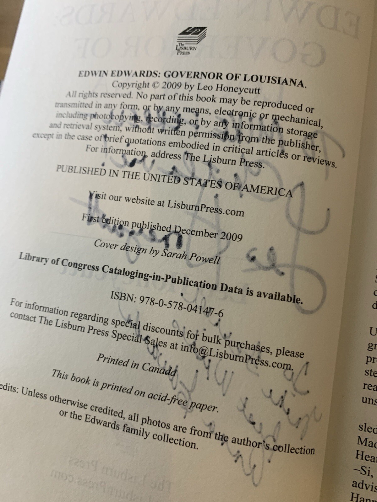Edwin Edwards, Gov.of Louisiana Signed by Honeycutt & Anna Edwards dtr 1st Ed.