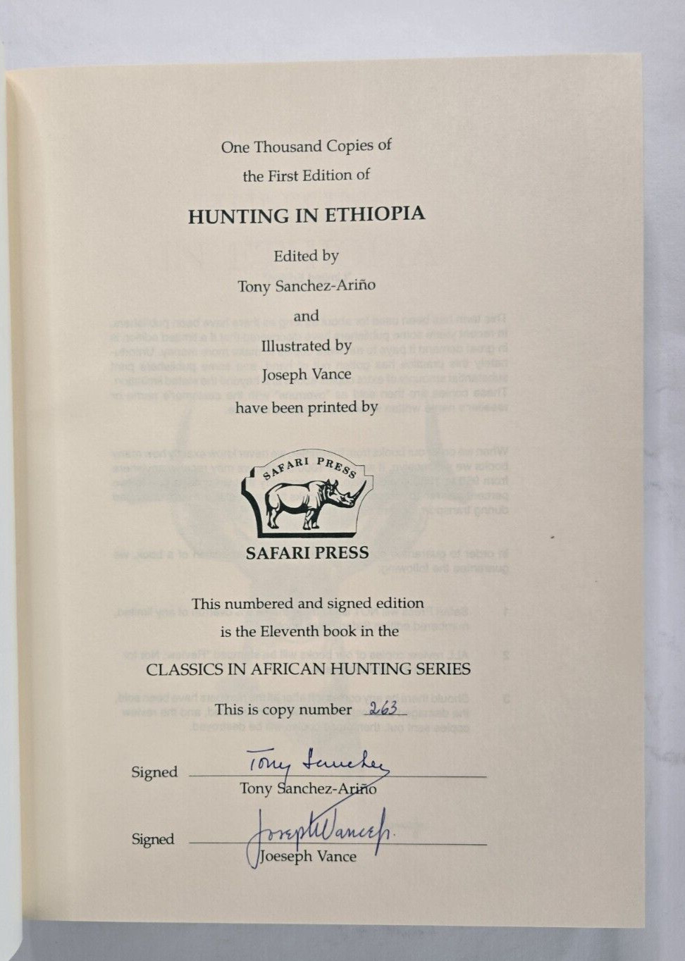 Hunting in Ethiopia by Tony Sanchez-Arino, Signed Limited Ed, Safari Press, 1995