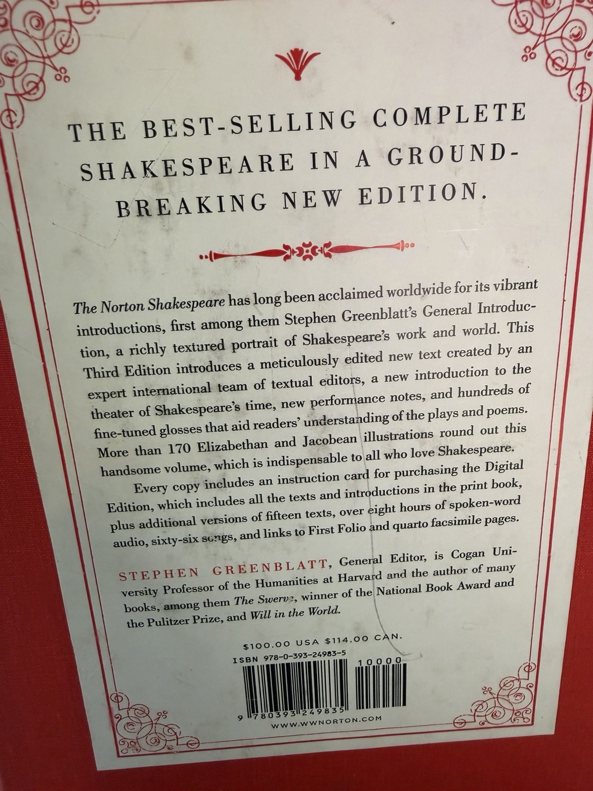 The Norton Shakespeare 2016 Third Edition by Stephen Greenblatt Dust Cover Box