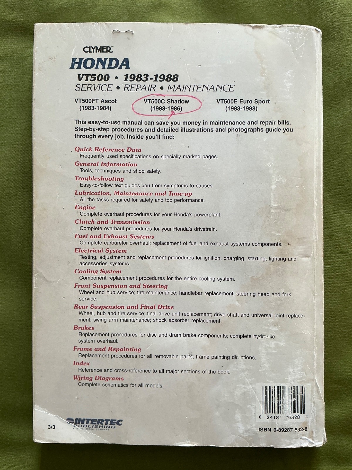 Clymer Honda VT500 Service Manual 1983-1988 M344 Acceptable 1994 Pback