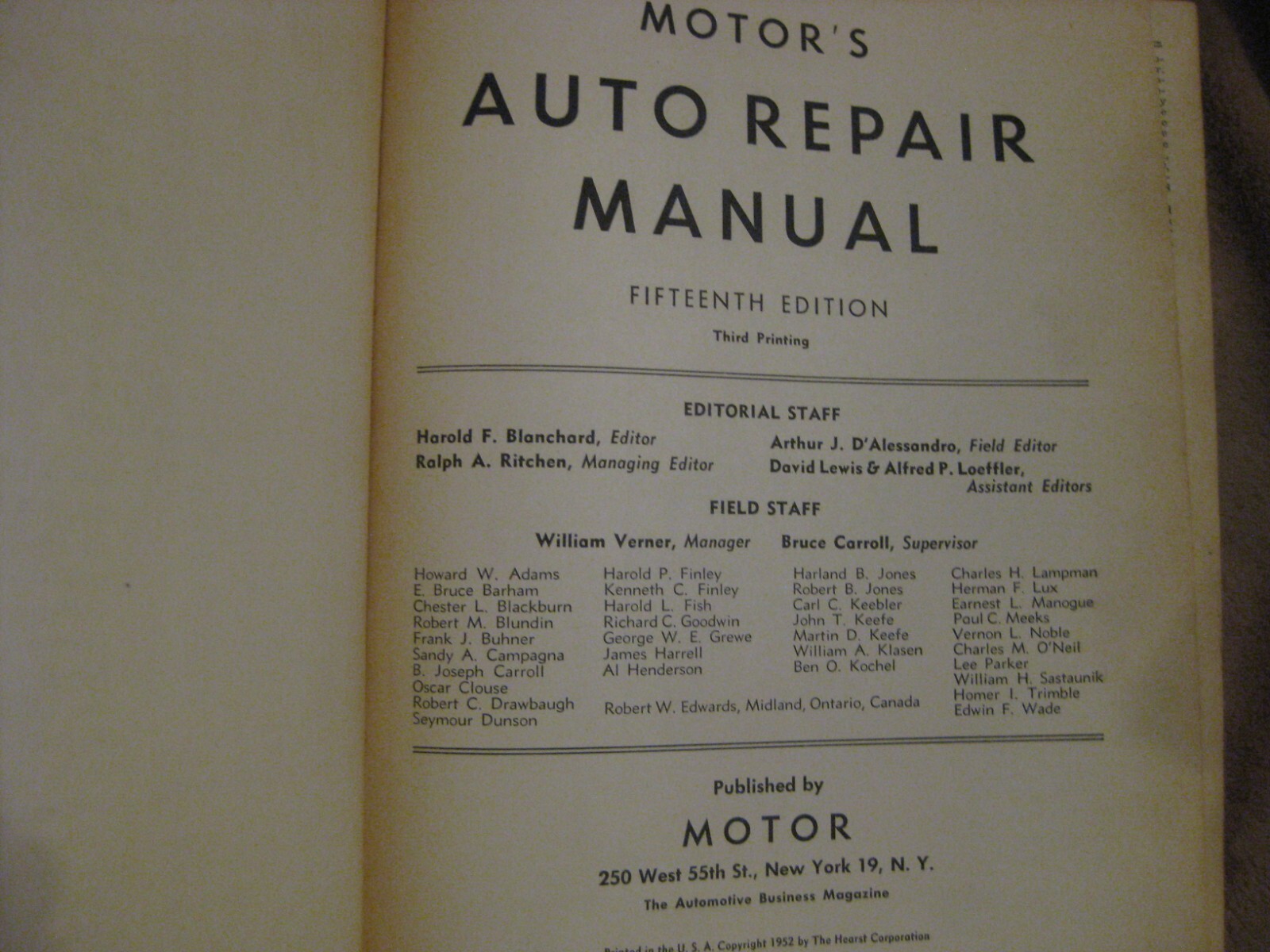 MOTOR’S AUTO REPAIR MANUAL ~ 1952 ~ 15th Edition Third Printing HC