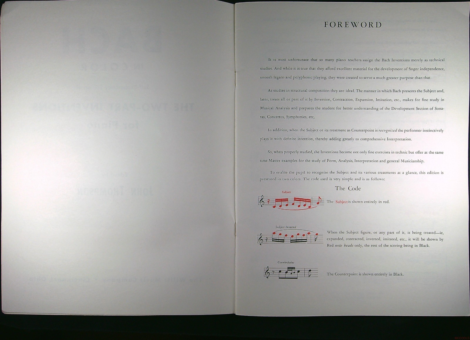 J.S. Bach In Color Two-Part Inventions Piano John Thompson Vtg Music Book 479p