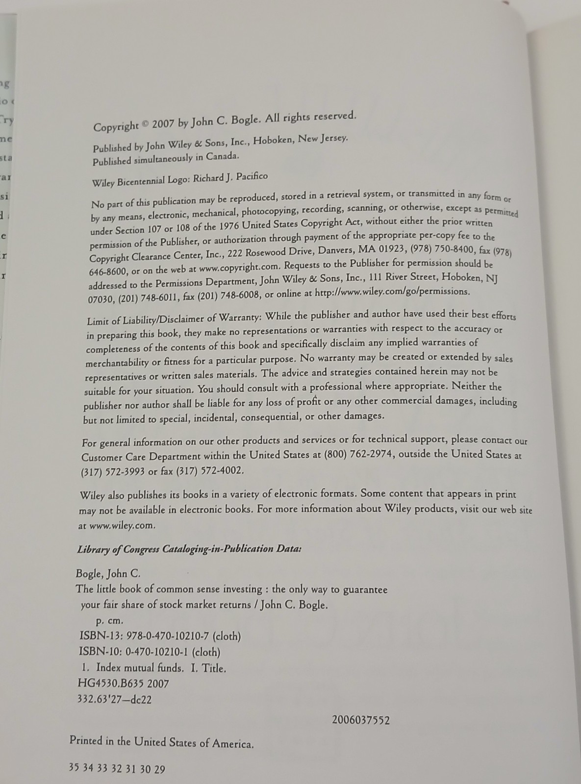 Little Book of Common Sense Investing Hardcover John Bogle 2007