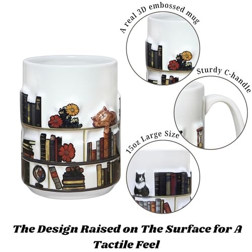 3D Embossed Book Mugs for Readers – 15oz Library Shelf Cup, Cat Lovers Gift