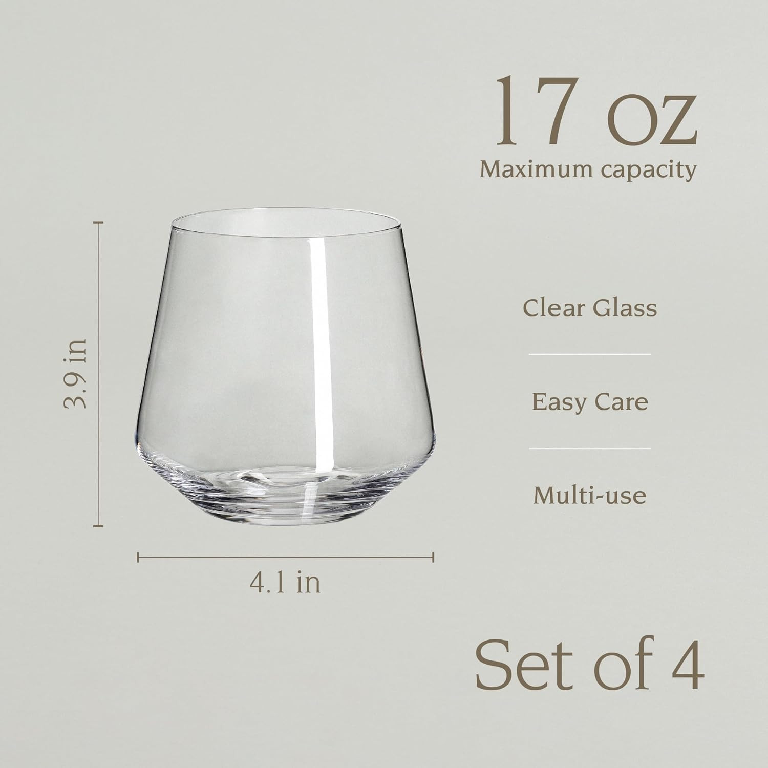 Over&Back 17Oz Modern Glassware – Set of 4 Contemporary Stemless Drinking Glasse