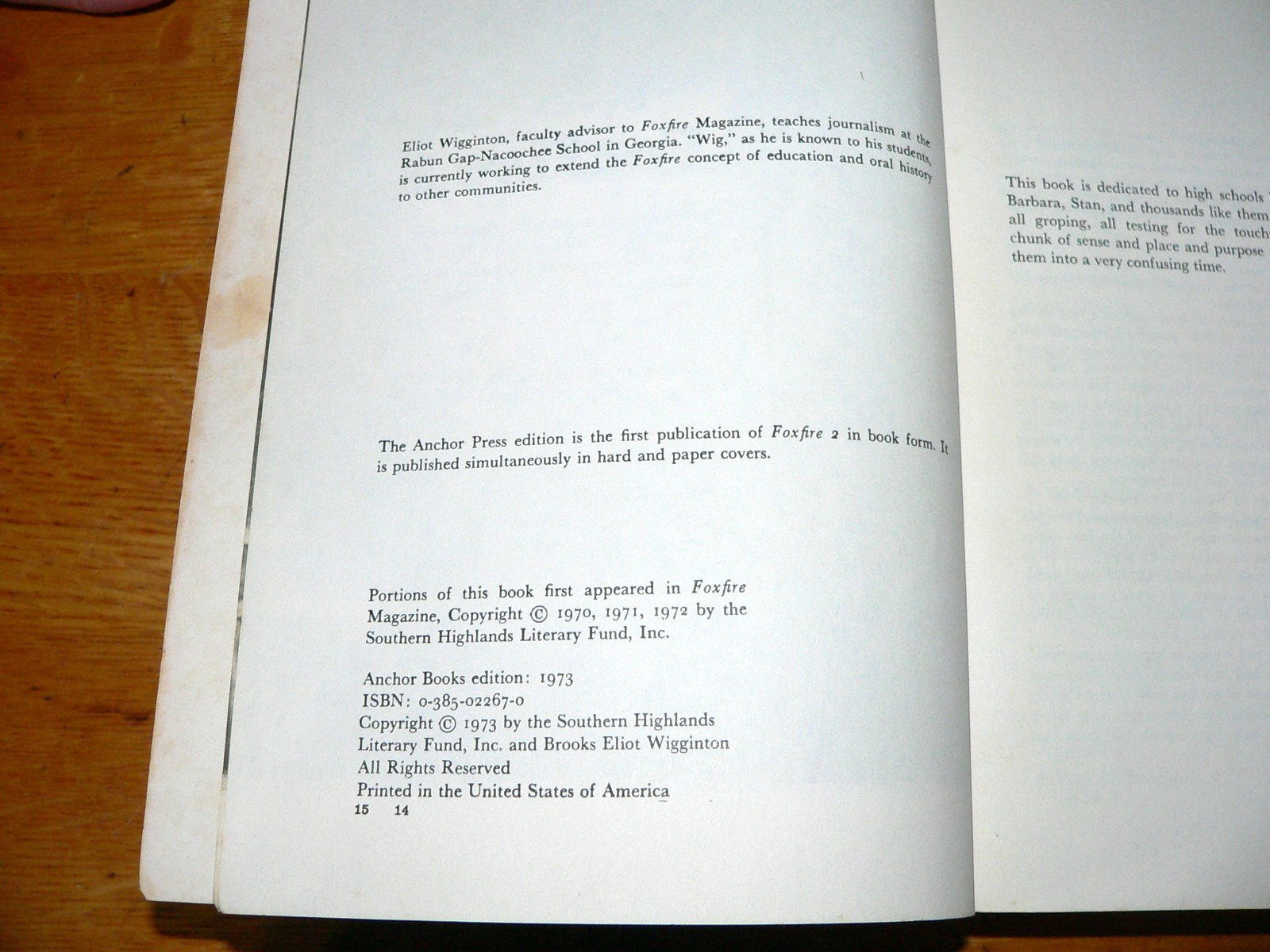 Vintage 1973 „Foxfire 2“ Plain Living Paperback Book edited by Eliot Wigginton