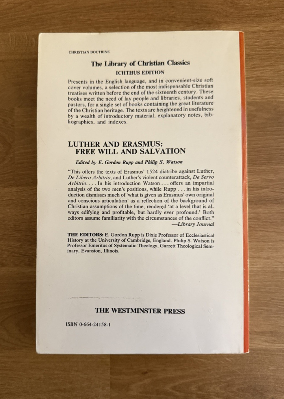 RELIGION: LUTHER AND ERASMUS: FREE WILL AND SALVATION, Rupp, Watson Paperback