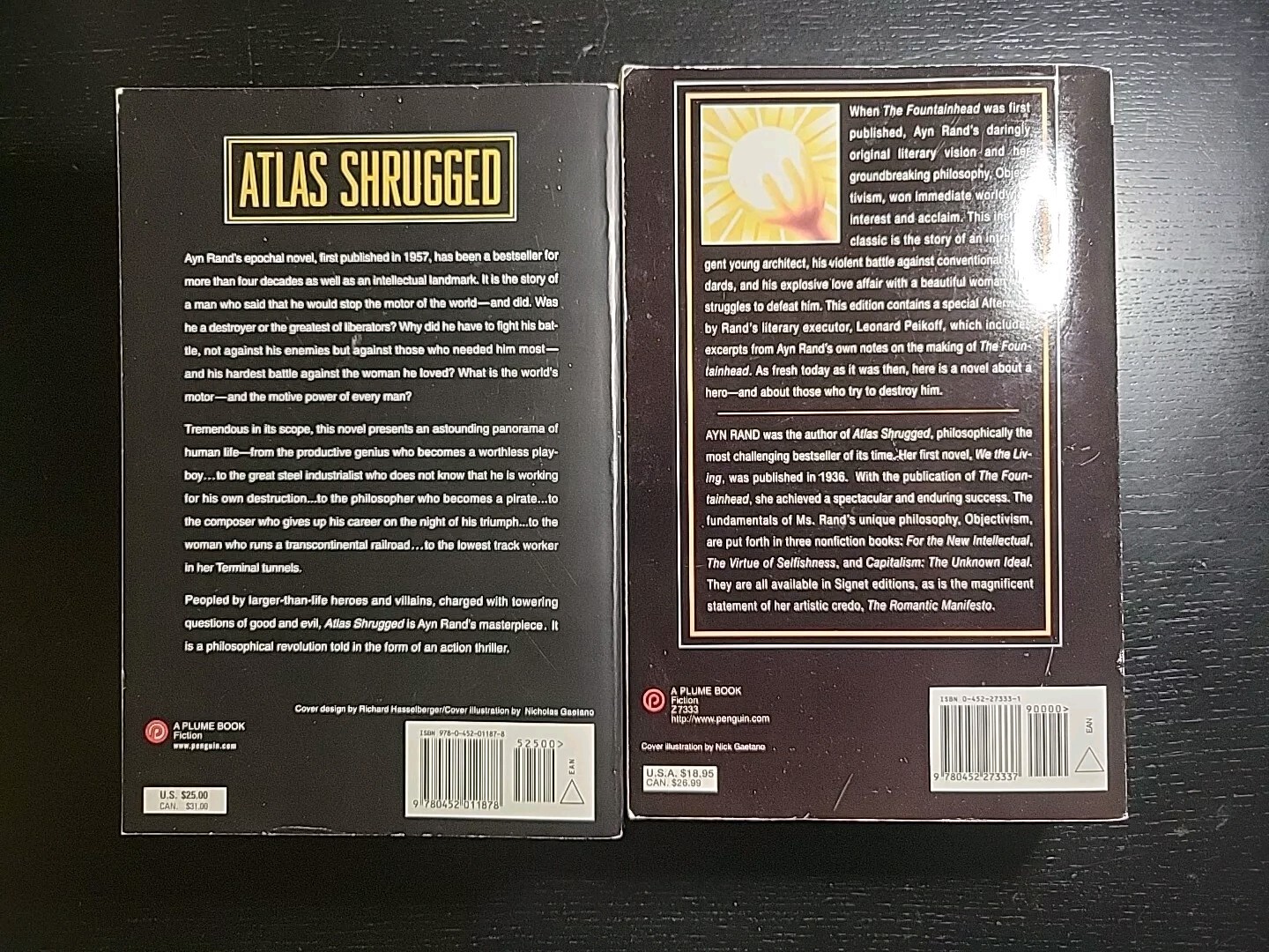 Lot of 2 Ayn Rand THE FOUNTAINHEAD & ATLAS SHRUGGED Plume Books Leonard Peikoff