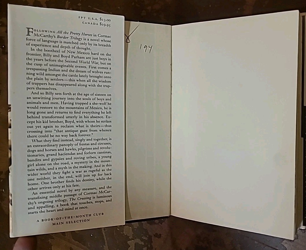 THE CROSSING 1994 Cormac McCarthy Hardcover Book DJ True First Edition VGC Knopf