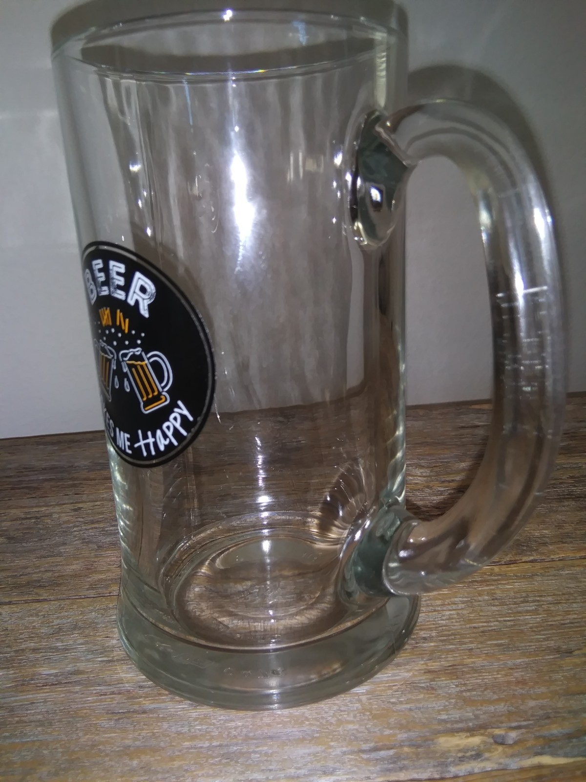 BEER Makes Me Happy Glass Mug with Handle – Thick & Heavy & Made in Italy – 16oz