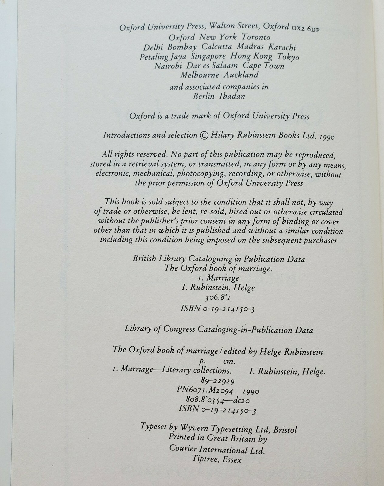 The Oxford Book of Marriage by Helge Rubinstein 1990 w/Dust Jacket