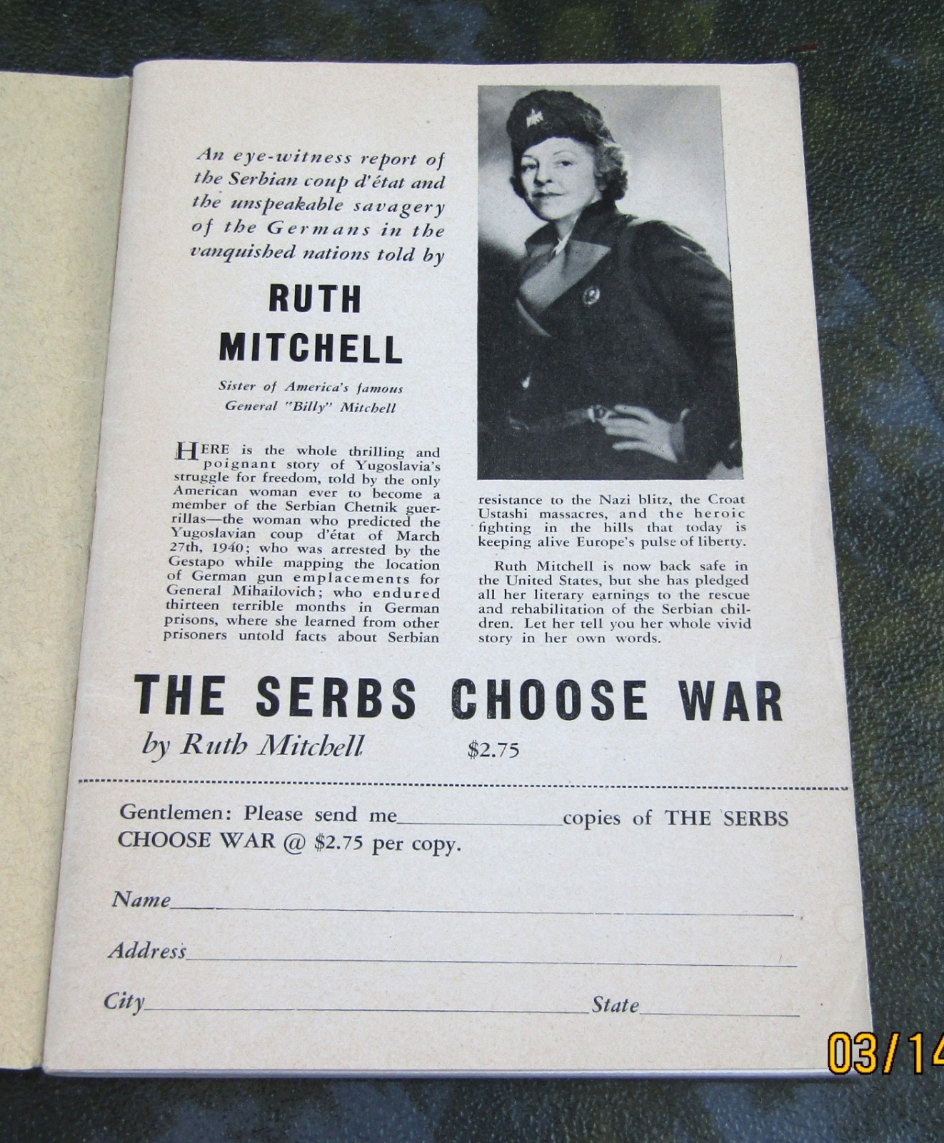 1943 Chetnik Tells The Facts About Fightning Serbs Ruth Mitchell Softbound Book