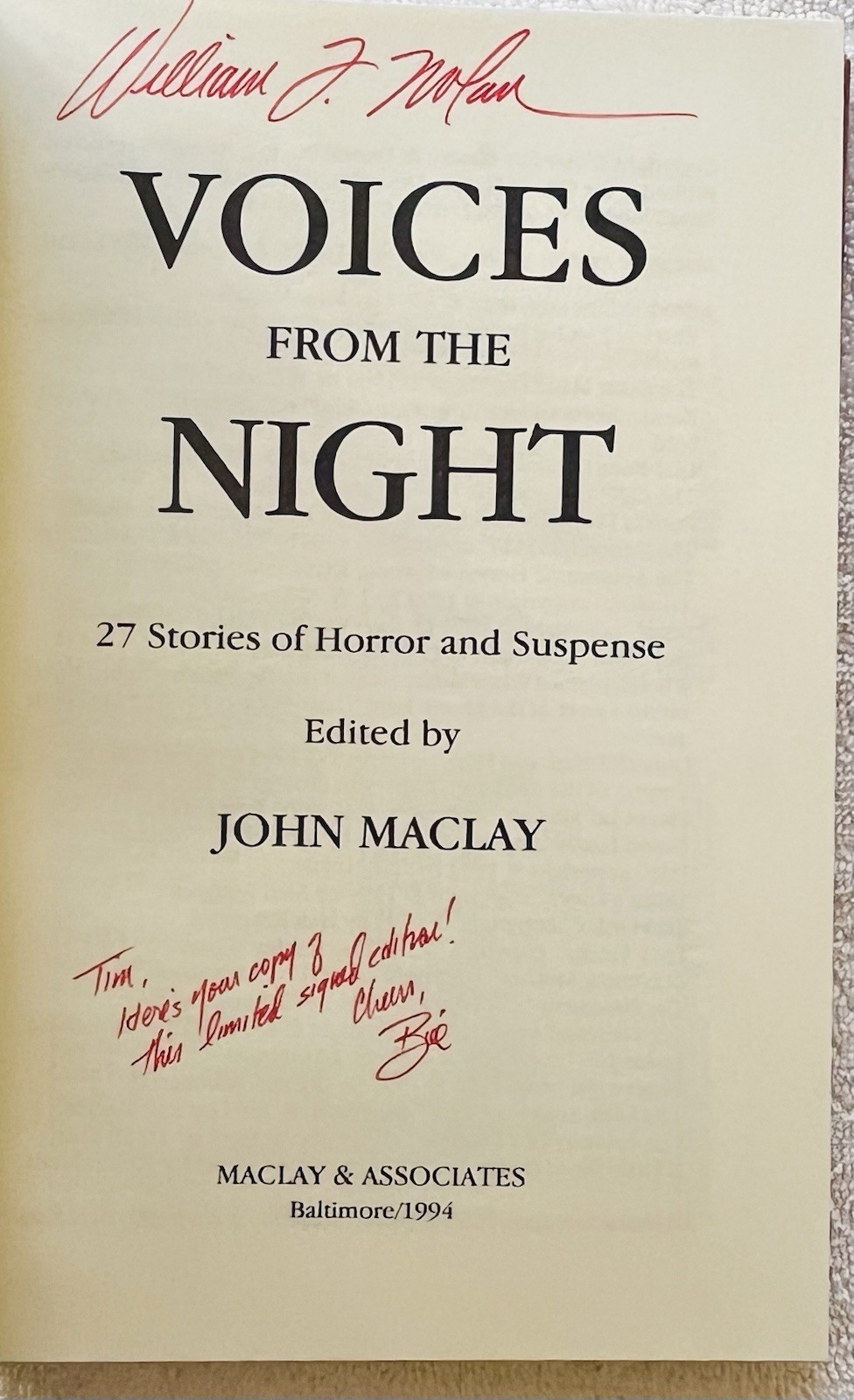 Voices from the Night ~ John Maclay ~ 1st Ed HC ~ Presentation Copy ~ Signed!