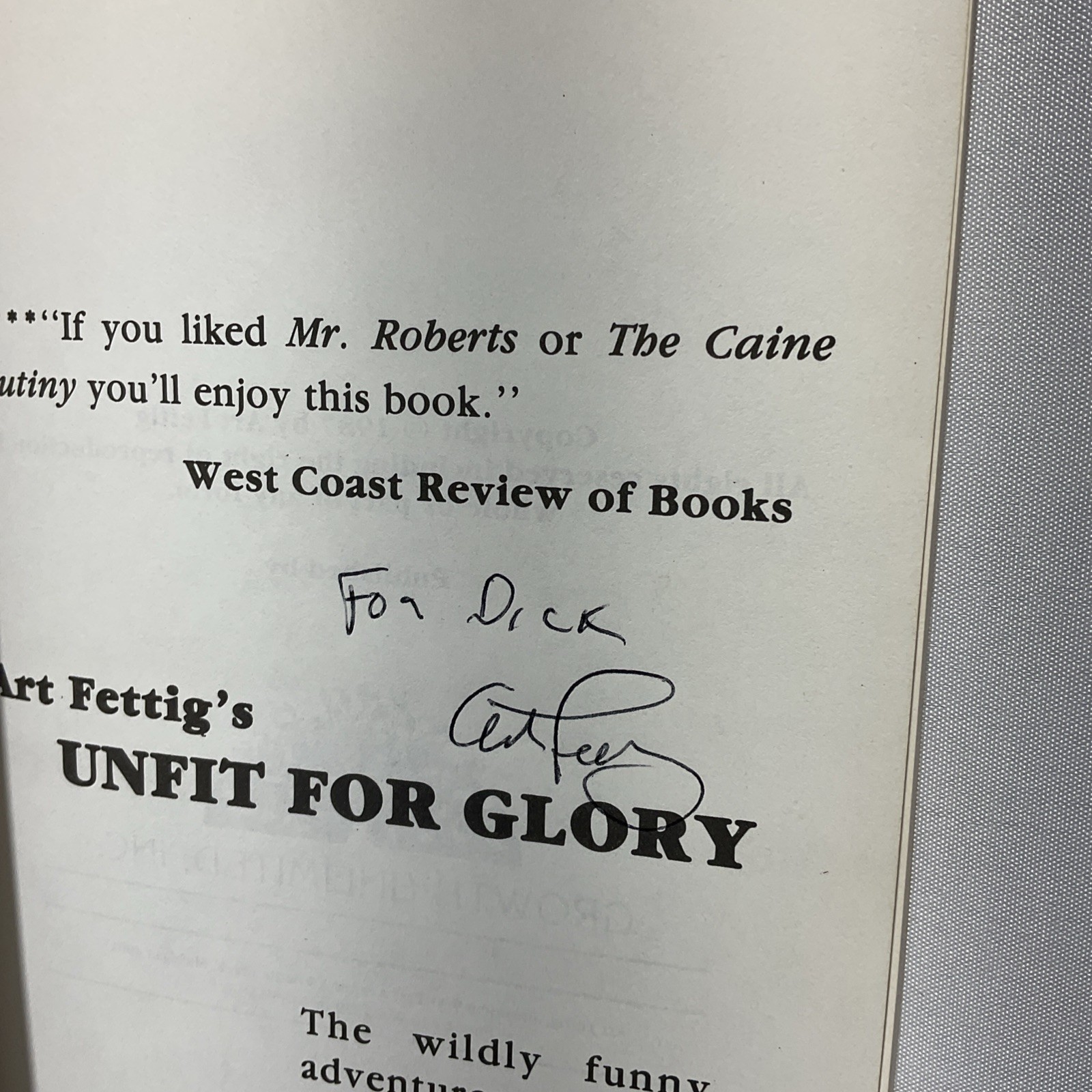 **Signed Copy** Art Fettig’s Unfit For Glory ( 1987, Paperback) Signed By Author