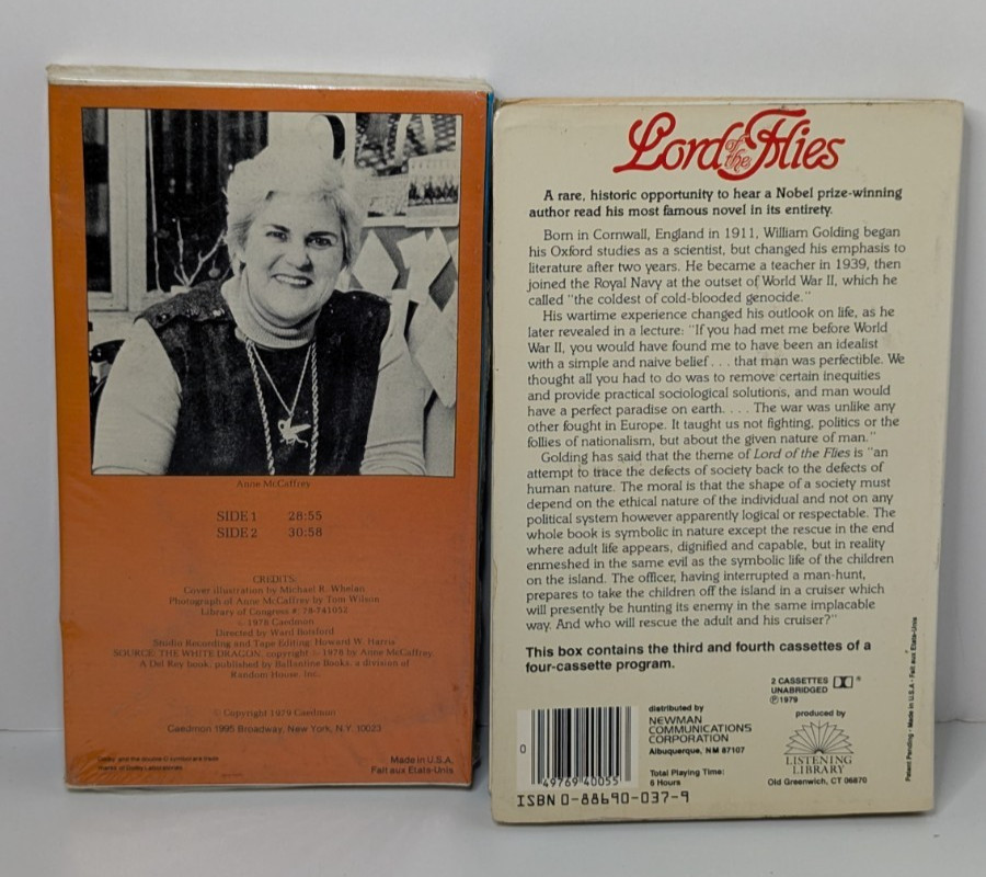 Vintage Incomplete Cassette Audiobooks Lord Of The Flies /White Dragon read