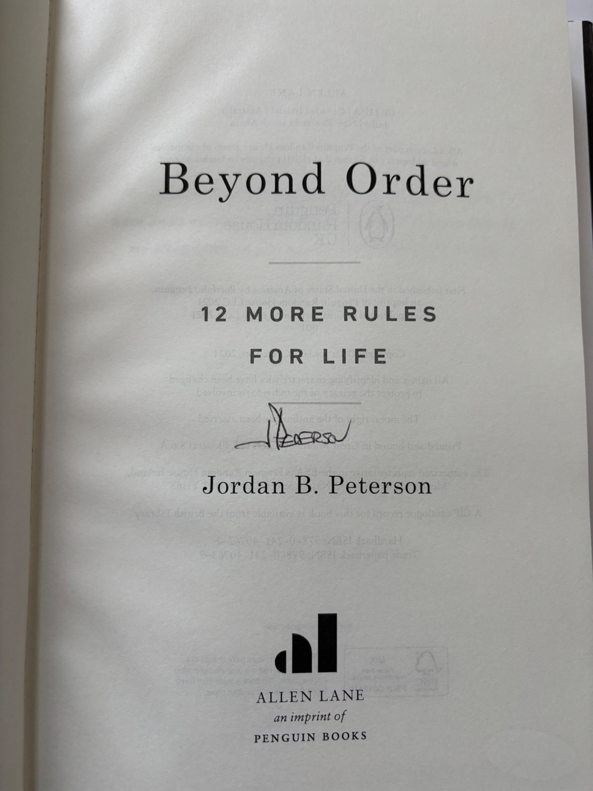 JORDAN B PETERSON SIGNED BEYOND ORDER 1ST HC BOOK 12 MORE RULES FOR LIFE JSA A