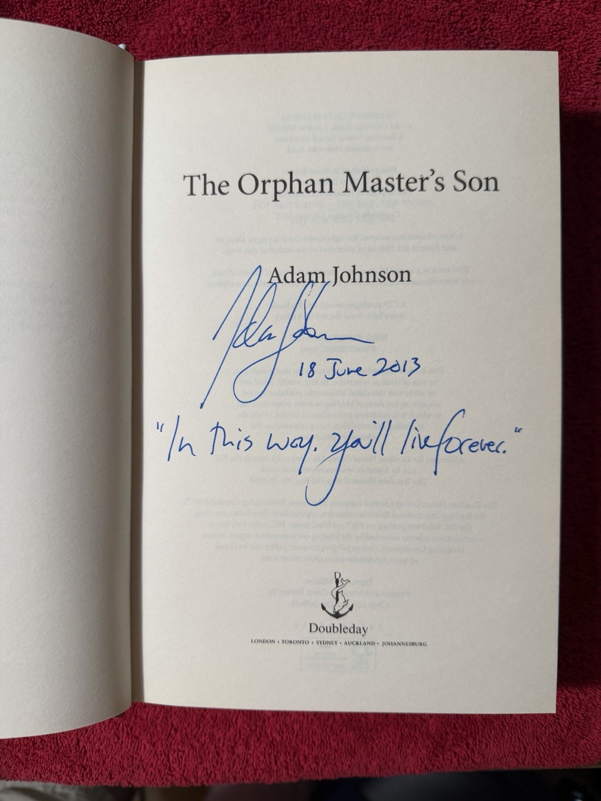 The Orphan Master’s Son by Adam Johnson Doubleday UK True 1st Ed Signed NEW