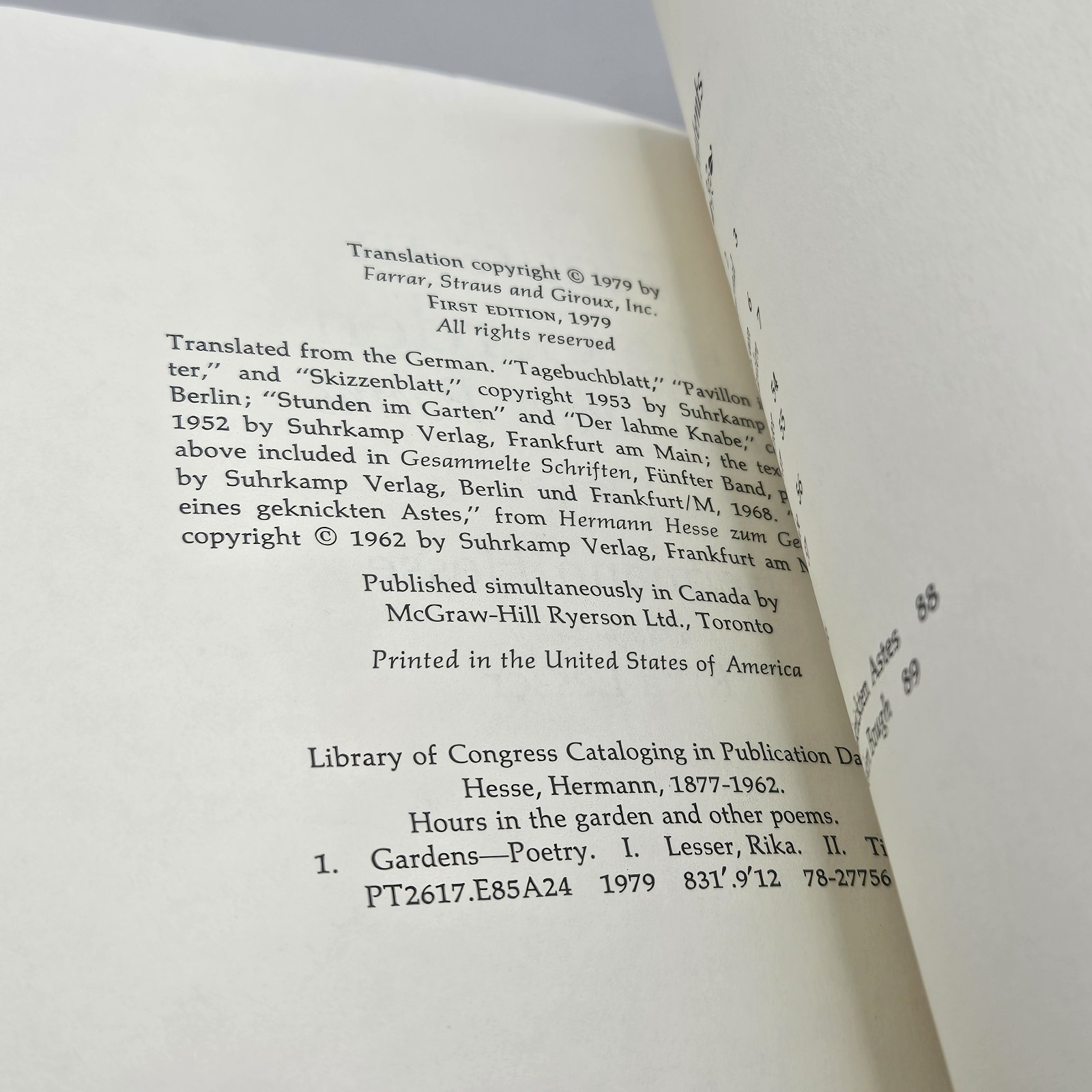 Hermann Hesse HOURS IN THE GARDEN Farrar Straus Giroux 1979 Bilingual Edition
