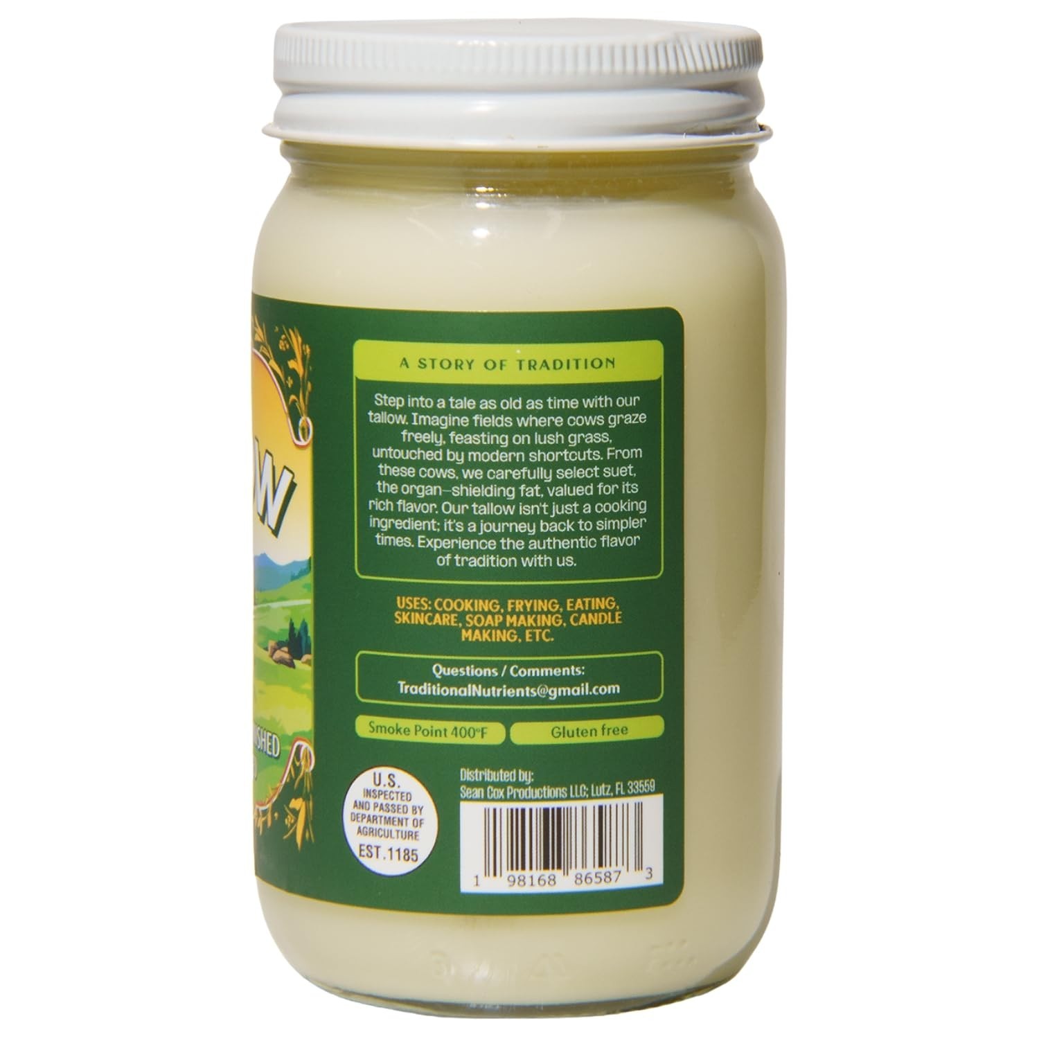 Grass-Fed Beef Tallow, Pasture Raised, Nutrient-Rich Suet, 14oz Glass Jar