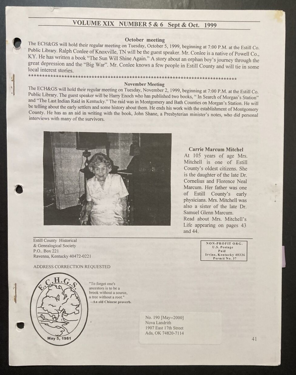 Estill County Kentucky Genealogical Society 1999 Newsletter 6 Issues ECHGS