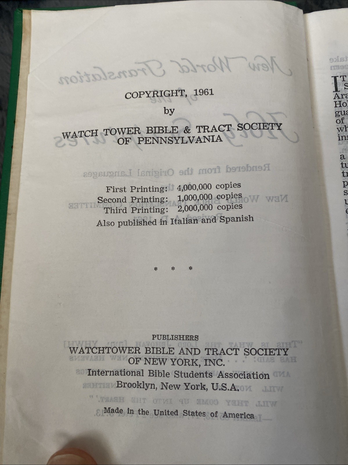 1970 New World Translation Of The Holy Scriptures green Watchtower 3rd Print