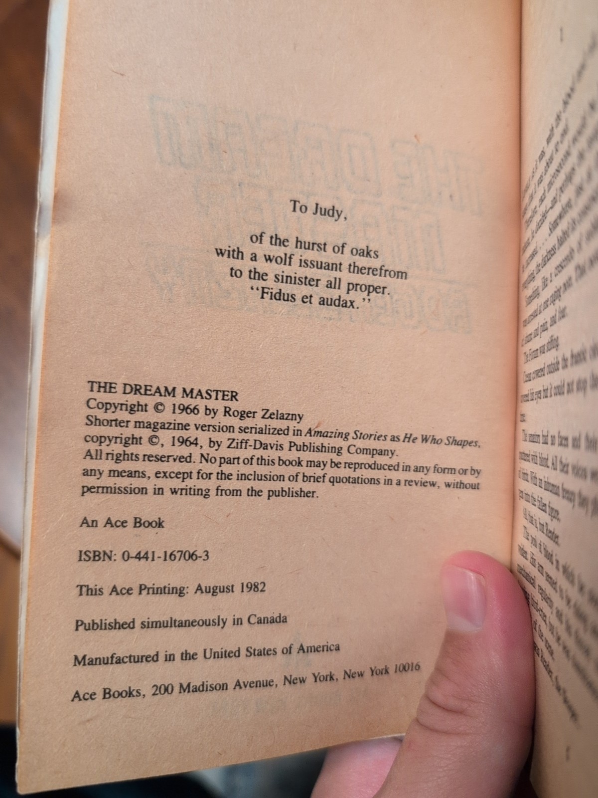 The Dream Master Roger Zelazny Ace Vintage Paperback 1982 Sci-Fi Fantasy Book