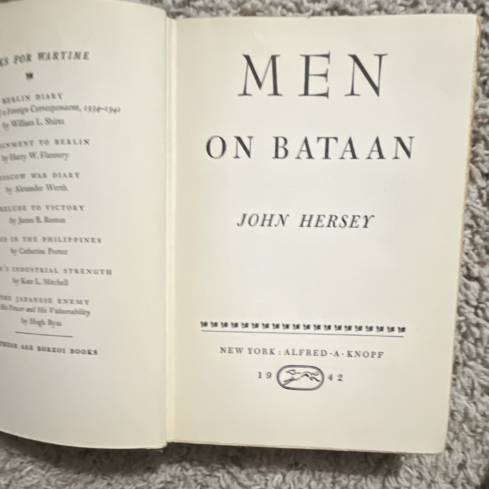 Alfred A. Knopf Men on Bataan John Hersey (1942) Hardcover WWII Philippines