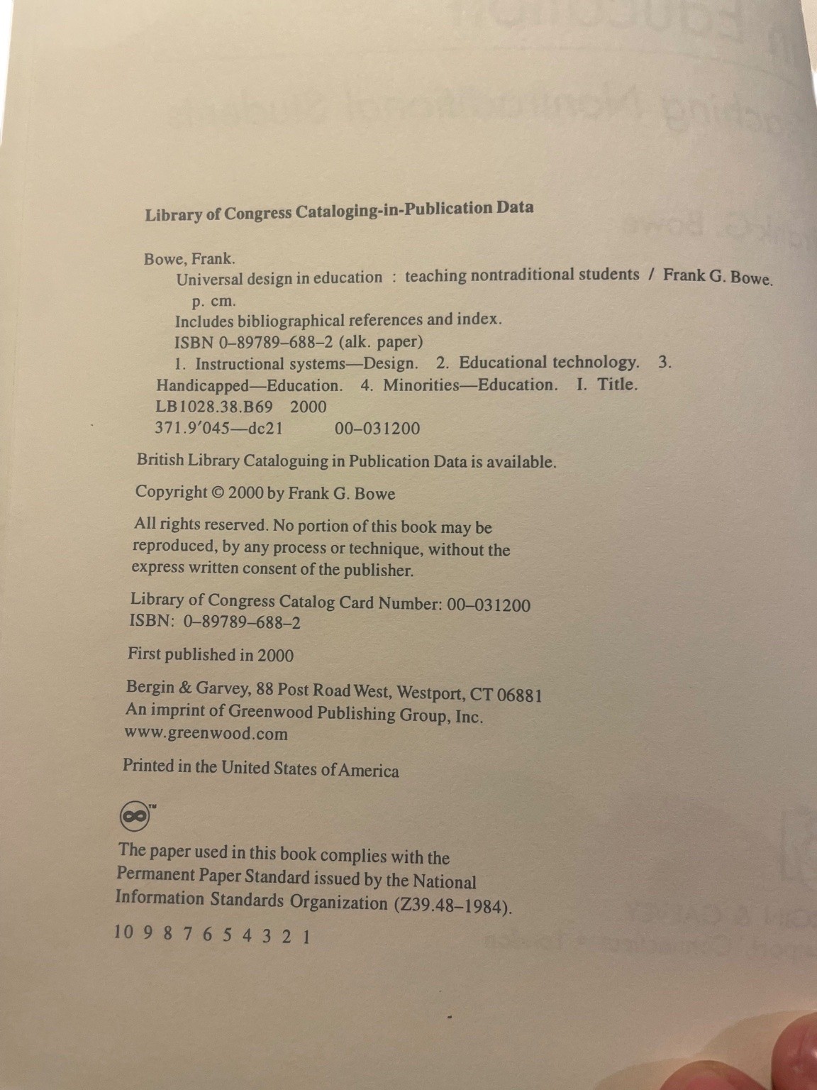 Universal Design in Education Frank G. Bowe 2000 First Edition Bergin & Garvey