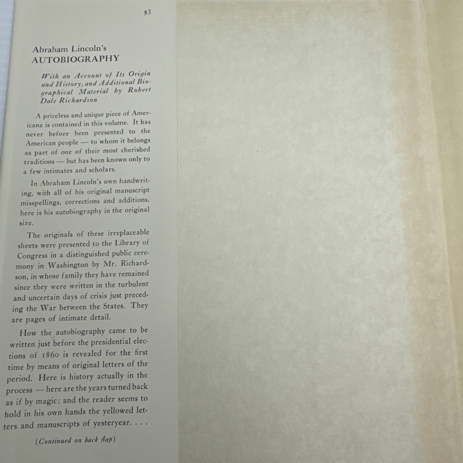 Abraham Lincoln’s Autobiography Robert Dale Richardson 1952 HC Beacon Press