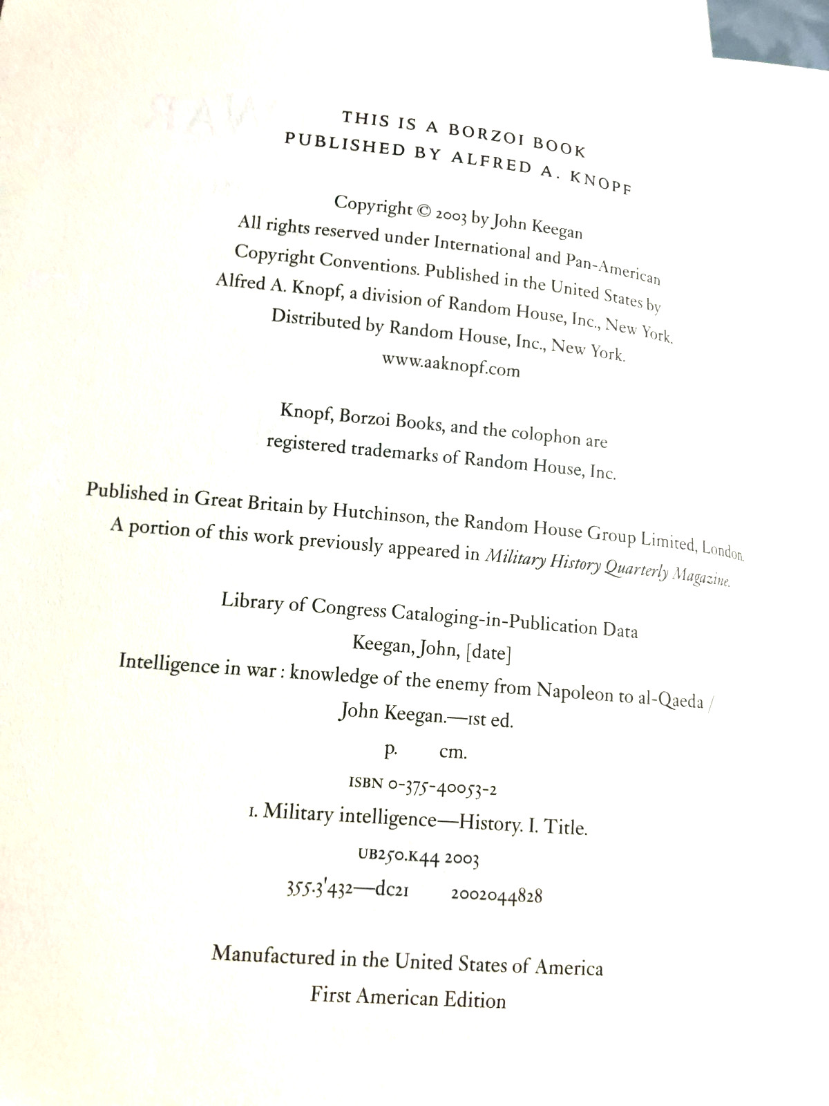 RARE 1ST US! Intelligence in War : Knowledge of the Enemy from Napoleon to Al…