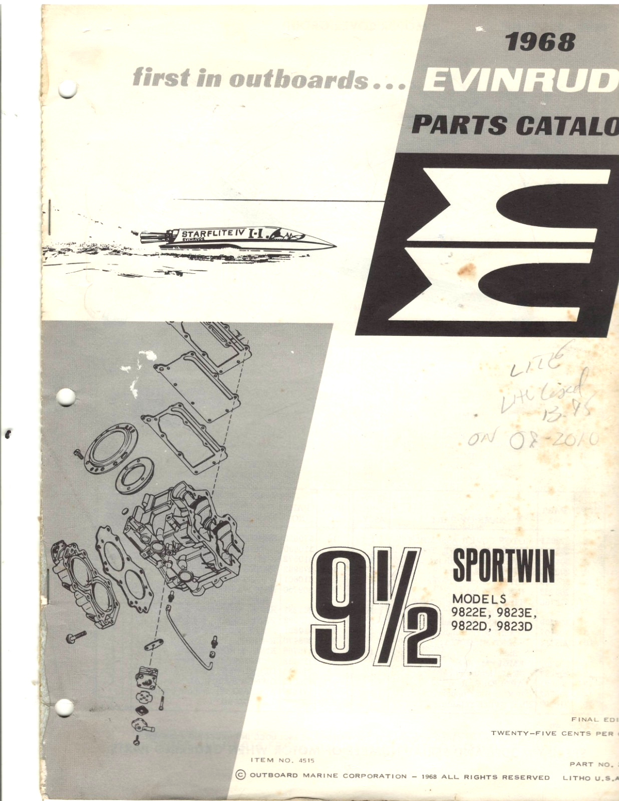 Evinrude Sportwin 9 1/2 Parts Catalog Models 9822E 9823E 9822D 9823D