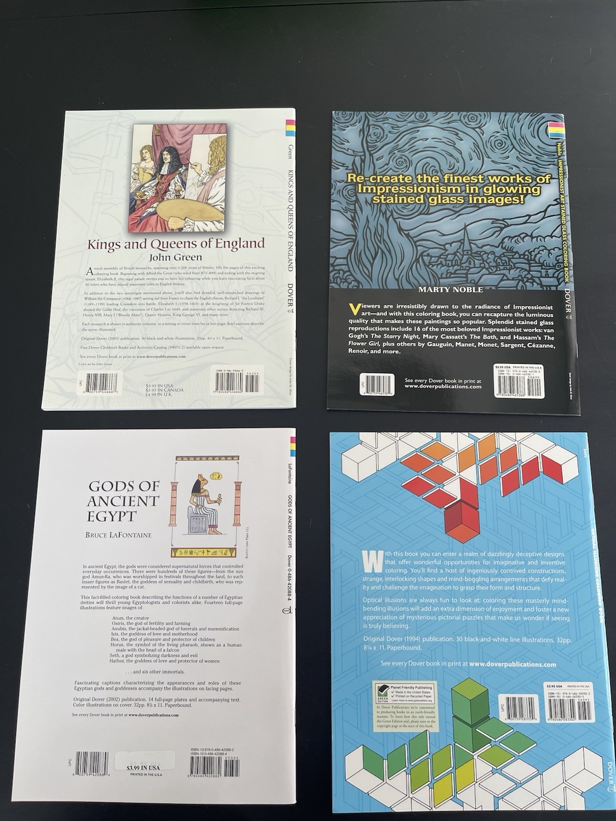 Lot of 4 Dover Coloring Books Stained Glass,Egypt, England, Optical Illusion,Art