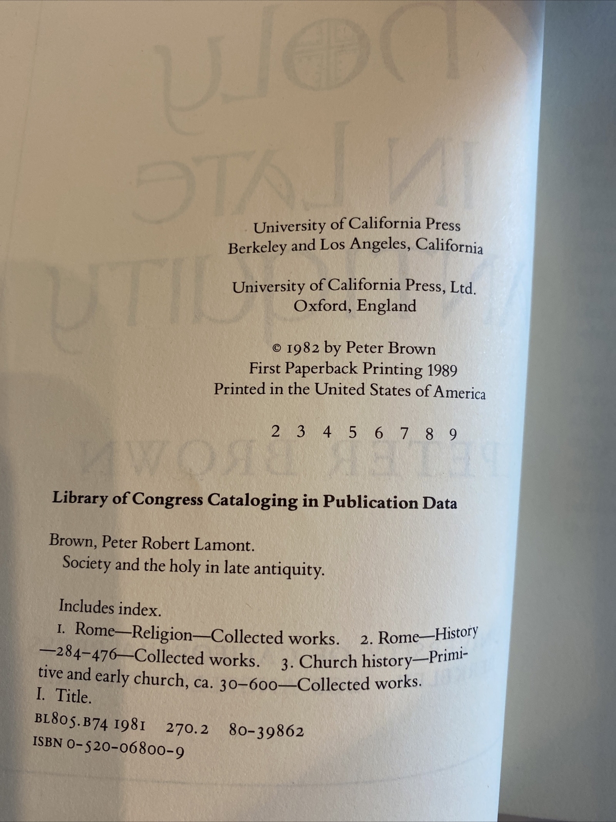 Society and the Holy in Late Antiquity by Peter Brown (Paperback) 1989