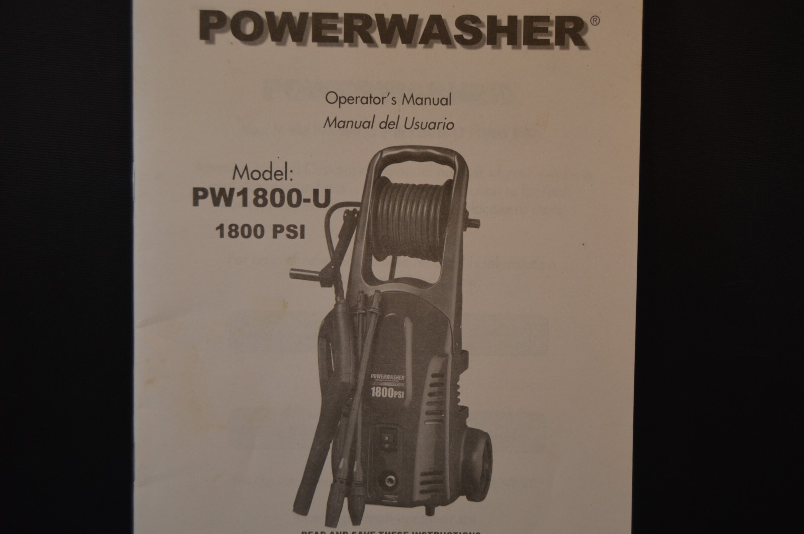 POWERWASHER Model PW1800-U „OPERATOR’S MANUAL“ 1800 PSI 26 Pages INSTRUCTIONS