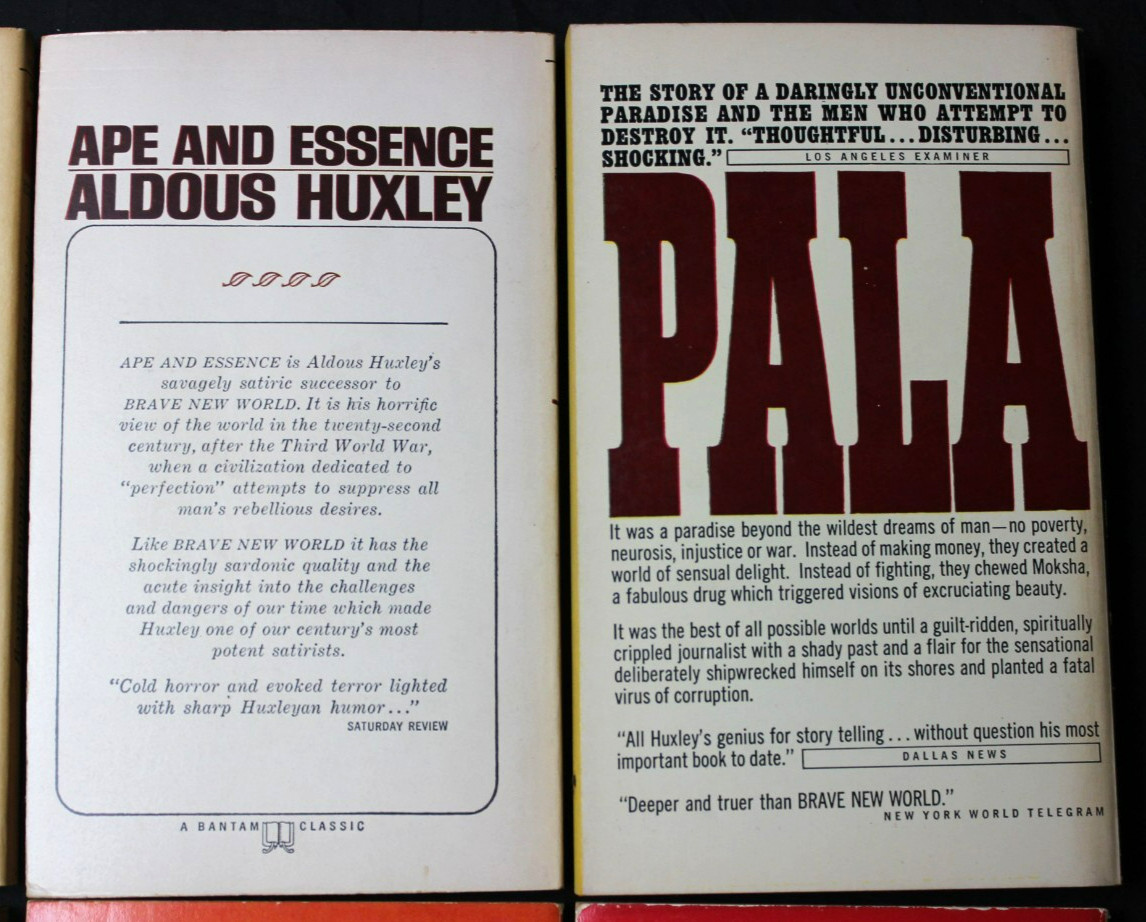 7 VINTAGE ALDOUS HUXLEY PAPERBACK BOOKS: BRAVE NEW WORLD, ISLAND, APE & ESSENCE