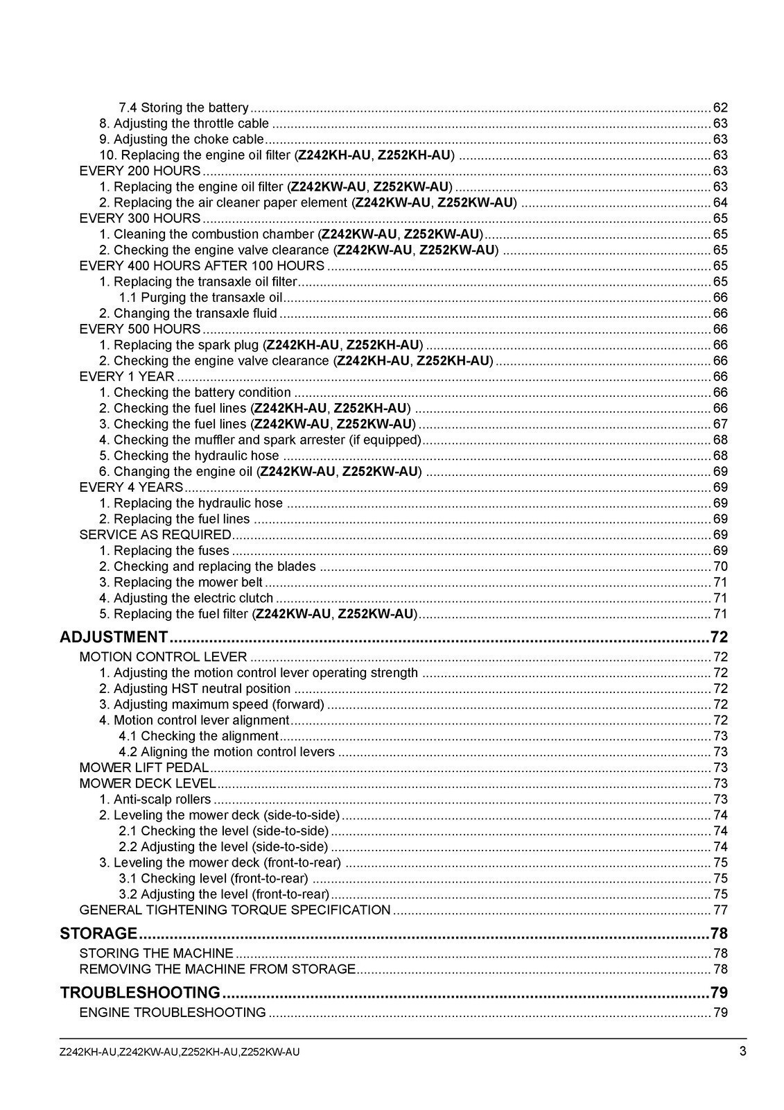 KUBOTA Z242KH-AU Z242KW-AU Z252KH-AU ZERO TURN MOWER OPERATORS MANUAL – FASTENED