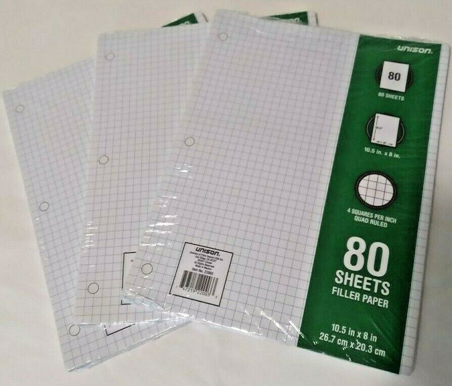 240 SHEET GRAPH RULED FILLER PAPER 4 SQUARES 10.5×8 IN RING 2 SIDED QUAD 3 PACK.